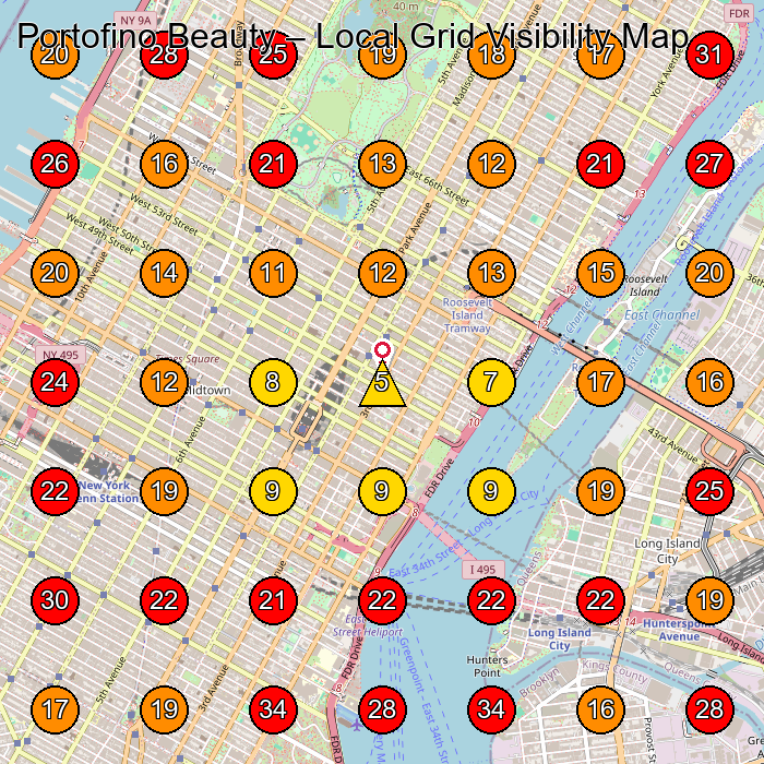 Portofino Beauty GeoGrid visibility map for Hair Salon in New York